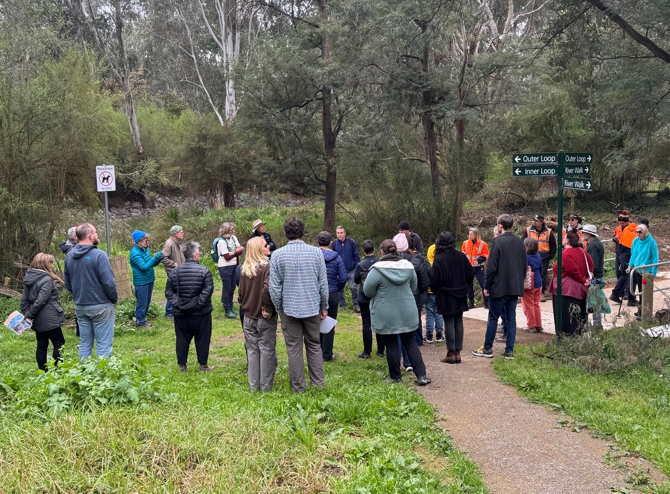 Learning from country at our largest suburban billabong, Bolin Bolin at Bulleen. The Narrap Rangers leading the group are wearing the high viz jackets.
